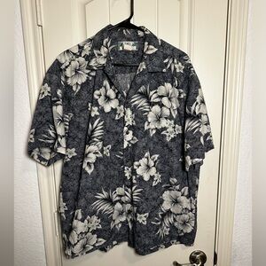 Men's Two Palms Hawaiian Grey & White Floral Button Down Tropical Shirt size XL